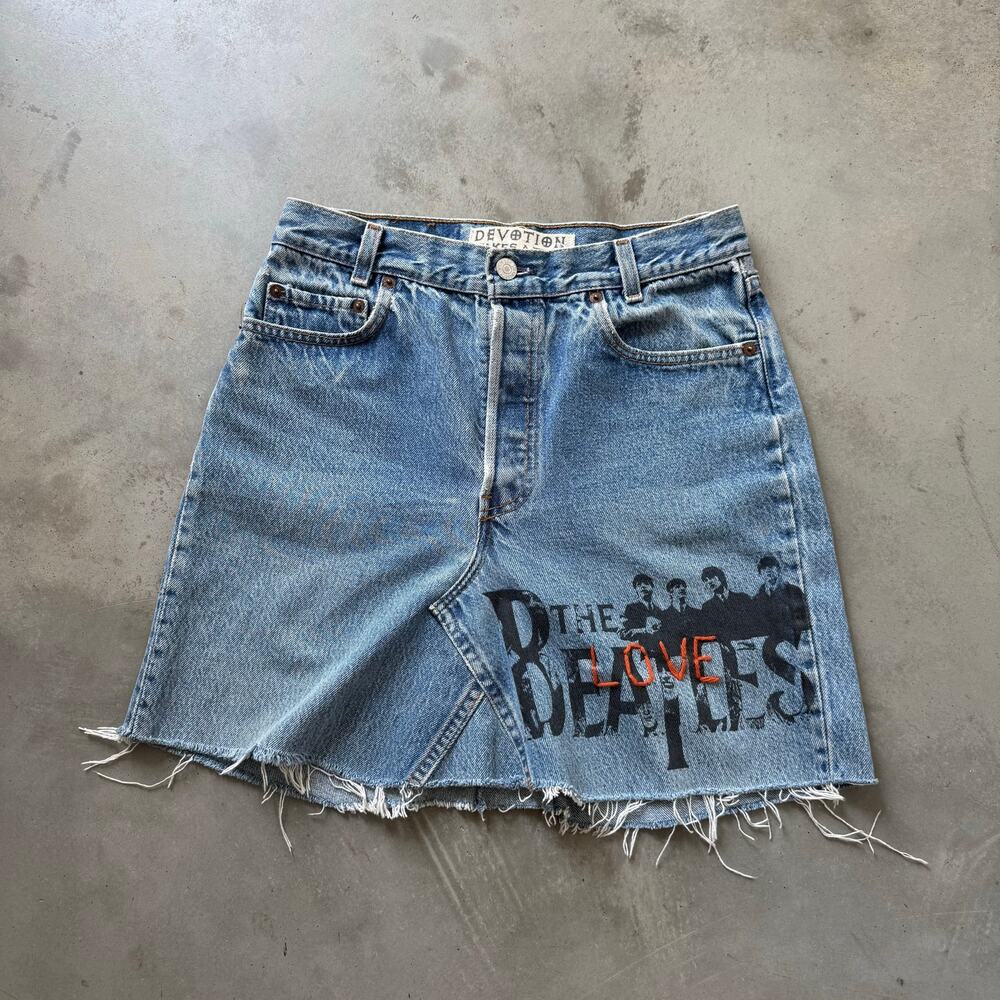 Vintage 90’s Levi’s Upcycled Reworked Custom The Beatles Denim Skirt Size 28